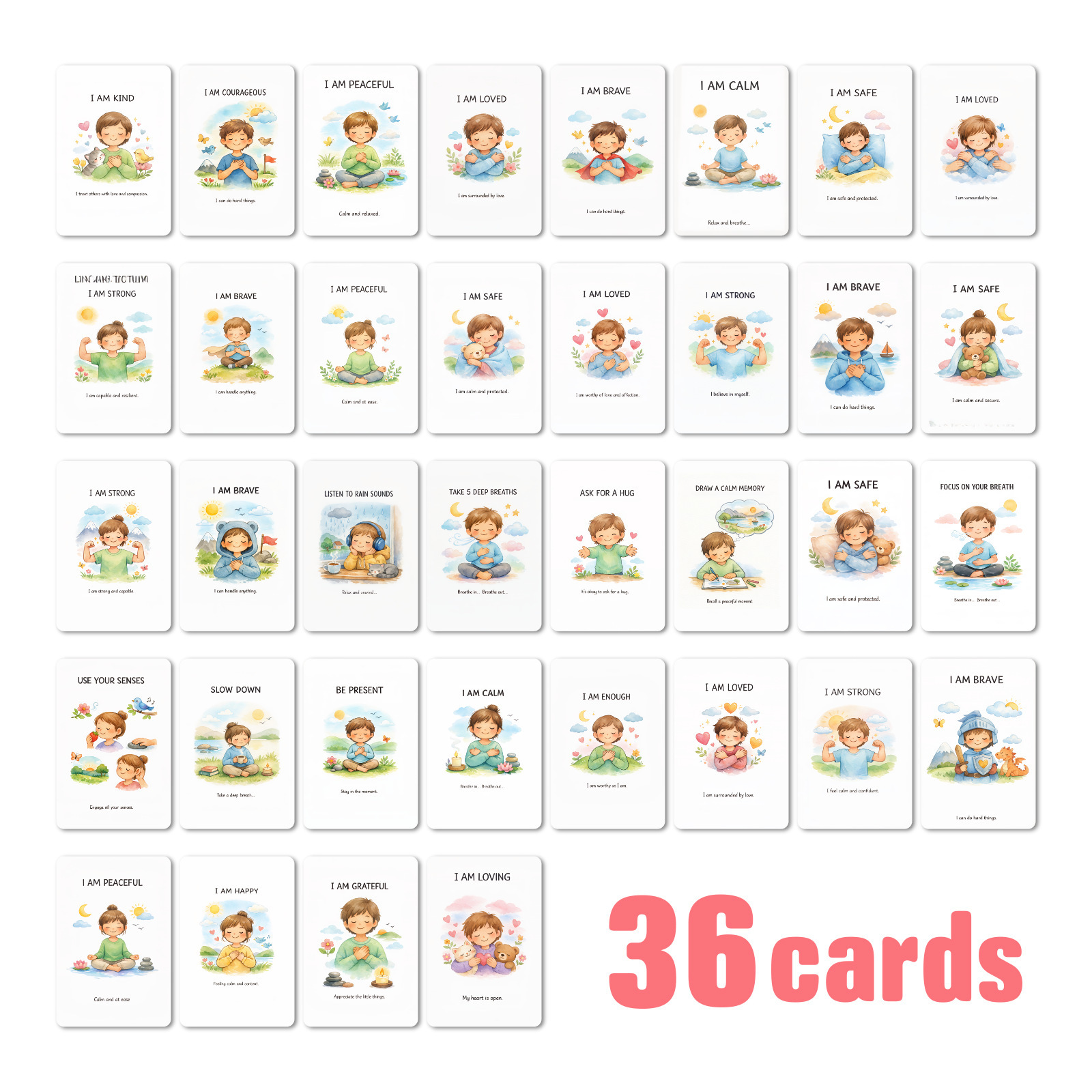 Children's Mindfulness Affirmation Cards 36-Piece Set Ins Style Early Education Flash Cards Emotional Soothing Enlightenment Learning Cards