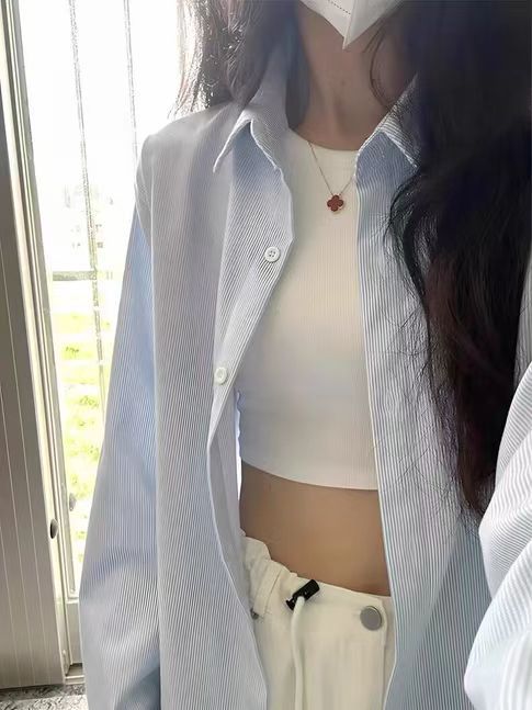 Thin Striped Summer Blue Shirt Long Sleeve 2025 Design Niche Loose Versatile Shirt Base Top for Women