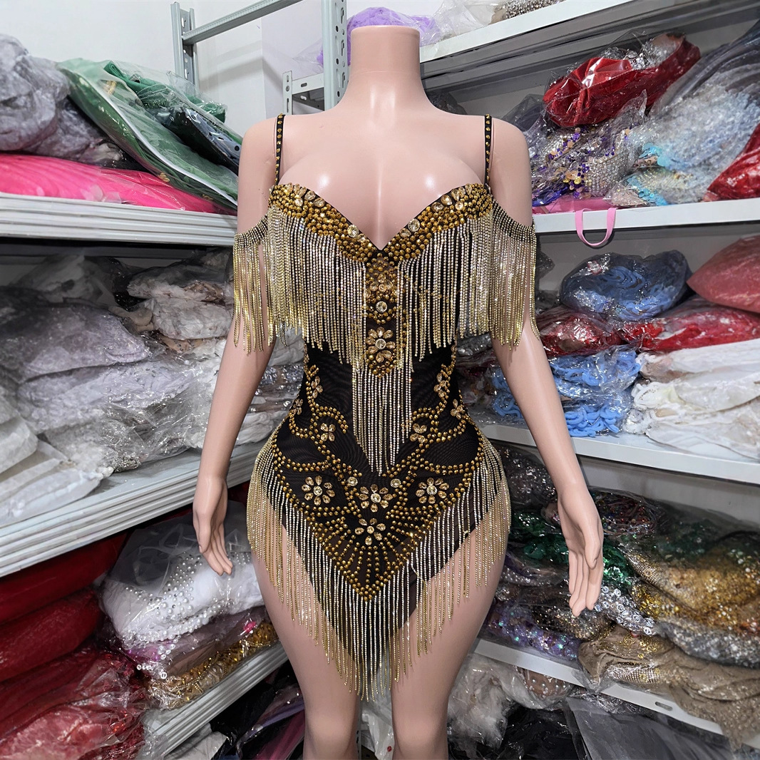 2025 European and American High-Quality Fashion Backless V Suspender Tassel Diamond Tight Mini Hip Party Dress