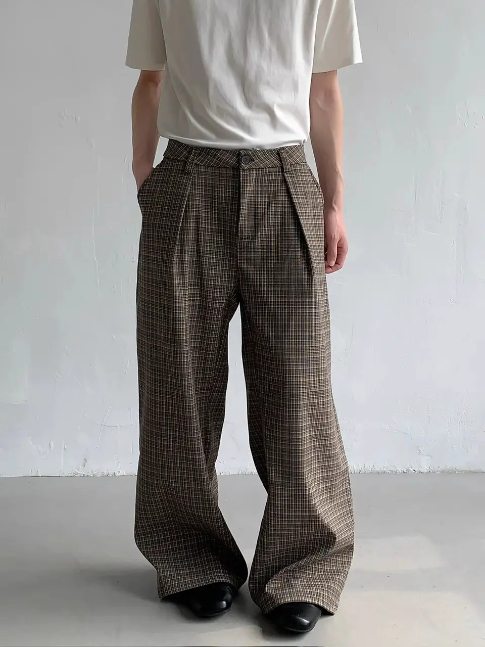American Retro Vintage Style Pleated Plaid Wide-Leg Casual Pants for Men and Women, Straight-Leg Loose and Relaxed Pants, Trendy