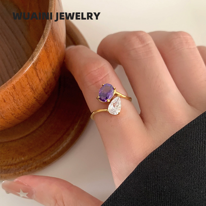 Cross-Border Titanium Steel Purple Geometric Water Drop Open Ring Women's Niche Design Exquisite Stacking Versatile Ring Wholesale