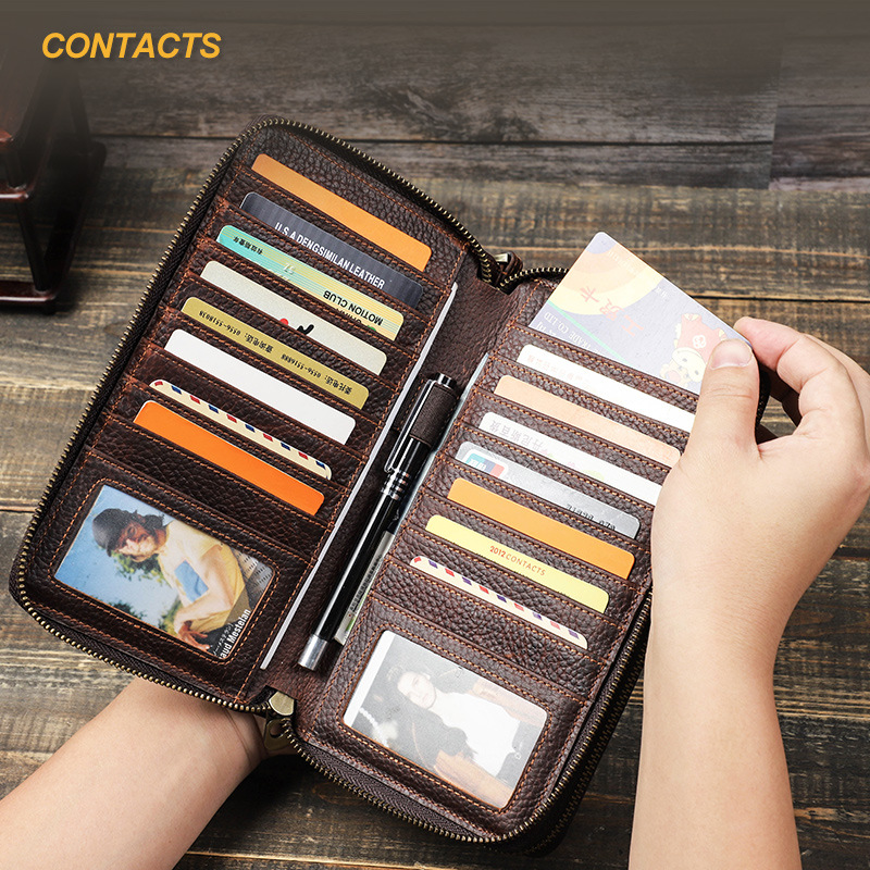 Black Angel Retro Crazy Horse Cowhide Casual Men's Clutch with Wrist Strap Double Zipper Storage Bag Ready for Delivery