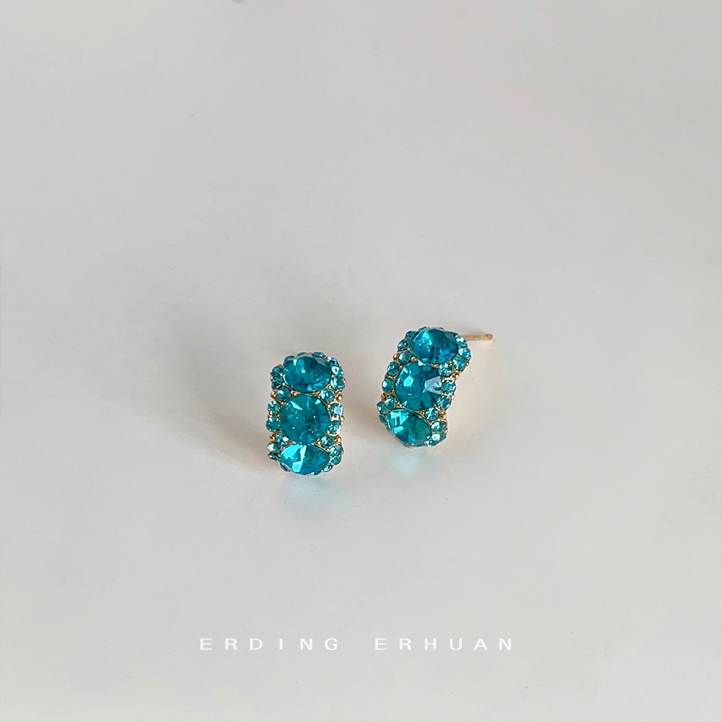 The Actual Item Is Very Shiny! Half-Curved Green Glass Rhinestone Silver-Plated Needle 14K Gold-Plated Earrings, Elegant Ear Accessories, Unique Earrings for Women