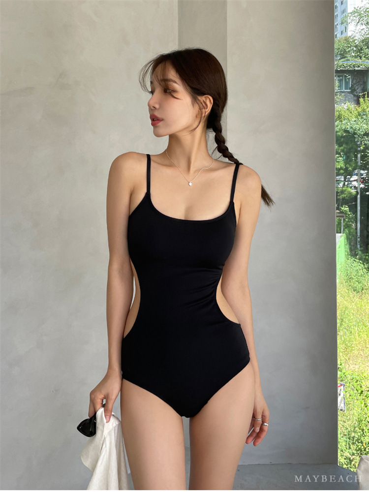 Source Factory Japanese and Korean Cross-Border Swimsuit Women's One-Piece Solid Color Suspender Backless Simple Hot Spring Resort Swimsuit