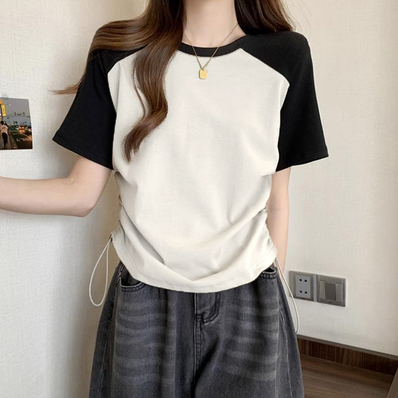 Shoulder Short-sleeved T-shirt Women's Summer 2025 New Niche Design Sense Tight Waist Drawstring Slim-fit Ringed Short Top