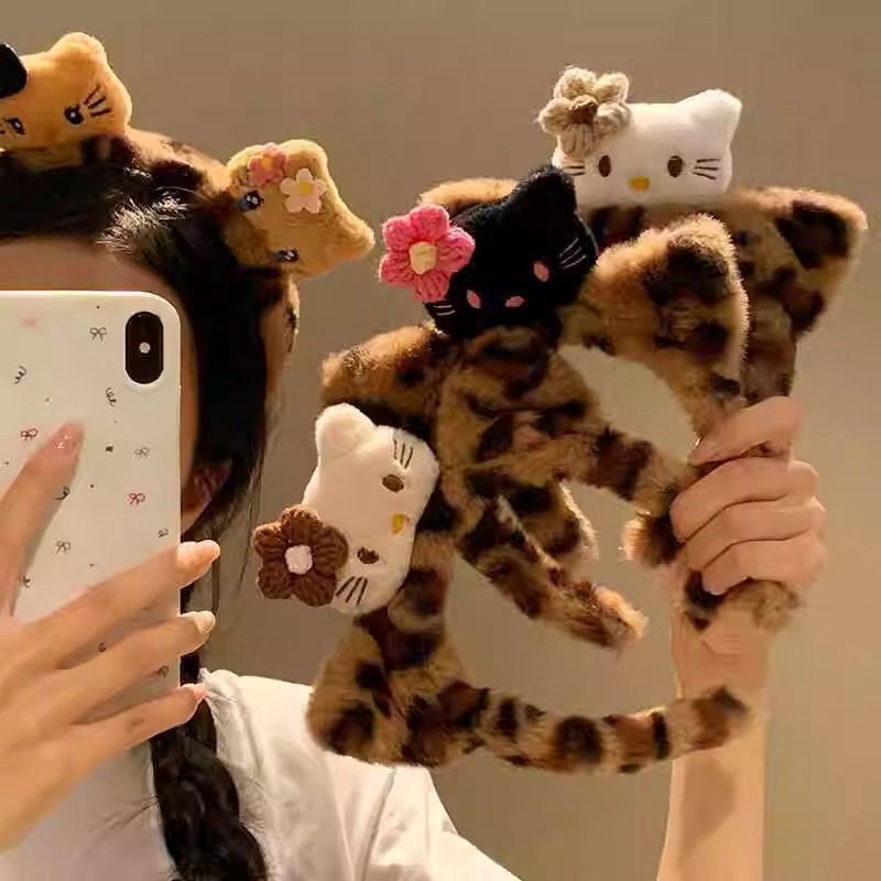 Cute Cat Sauce ~ Black Skin Kitty Cat Ears Leopard Plush Hair Hoop Female Face Wash Makeup Headband Cartoon Hair Accessories