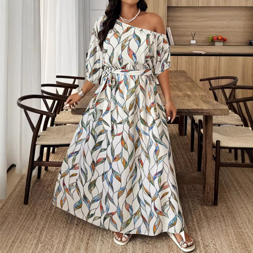 2026 Amazon Independent Site Summer New Women's Long Dress European and American Style Off-Shoulder Digital Print Loose Dress
