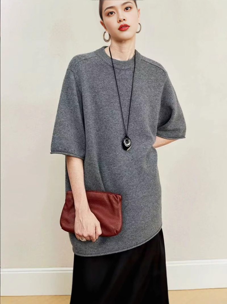 2025 Early Autumn New Fashion Casual Lazy Style Round Neck Drop Shoulder Ribbed Mid-Length Slimming Wool Short Sleeve