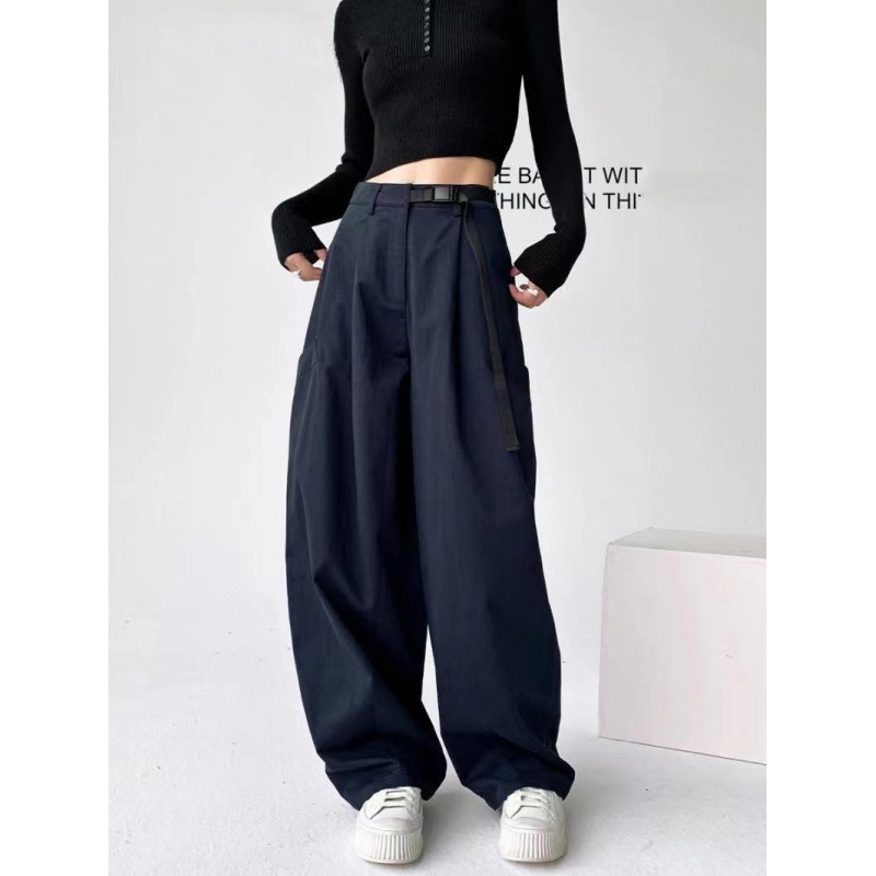 Women's American Style High Waist Cover Pants Spring and Autumn New navy blue Banana Pear Shaped Pants Harlan Wide Leg Casual Pants