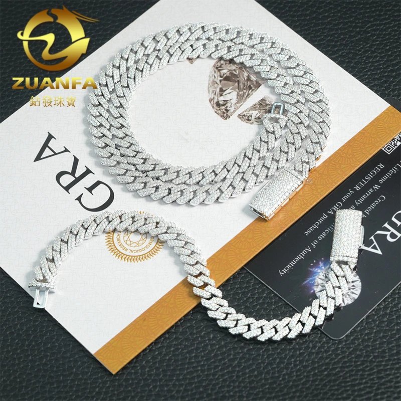 Factory direct cross-border S925 silver diamond Cuban chain necklace 8mm double row full moissanite tide accessories