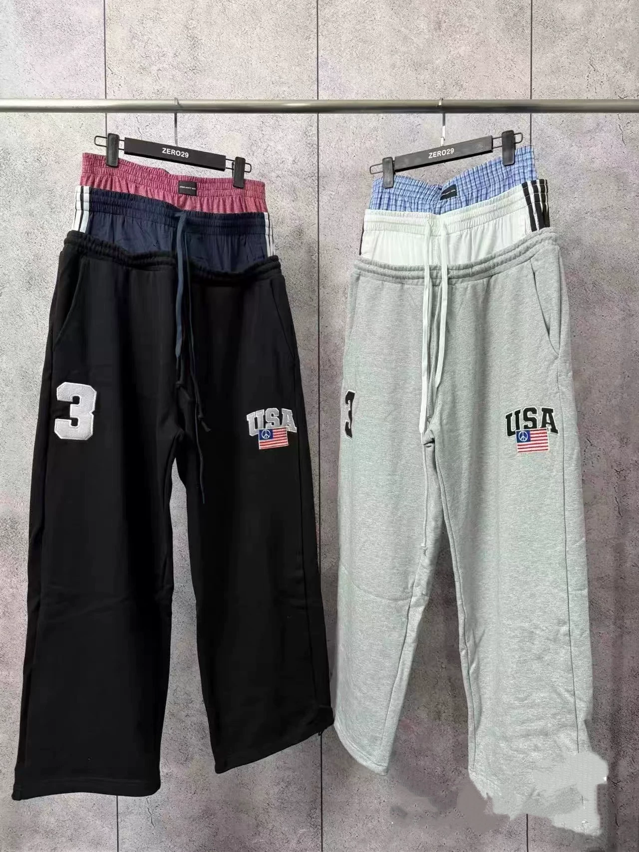 Grailz Project Gr 25Ss Fake Three-Waist Embroidered Flag Sports Pants Casual Loose Pants