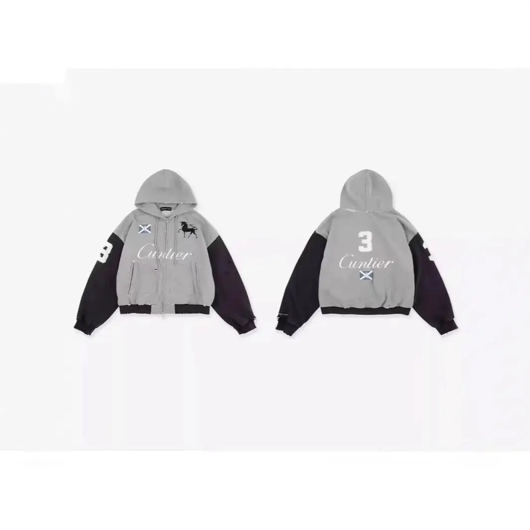 Splicing, washing, making old, worn, embroidered, warhorse zipper cardigan, hooded sweatshirt, jacket for men