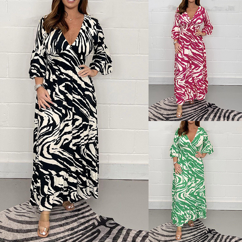 2024 Autumn European and American Amazon New Casual Mid-Length Sleeve Long Skirt Temperament V-Neck Waist Loose Dress for Women
