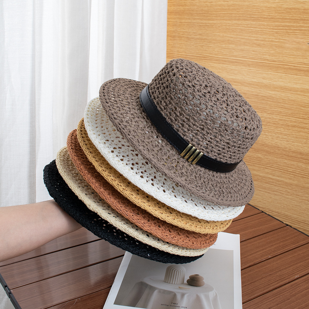 Old Money Style Hollow-Out Woven Flat-Top Hat for Women, Summer French Retro Beach Sun Hat, Sunshade Hat, Straw Hat