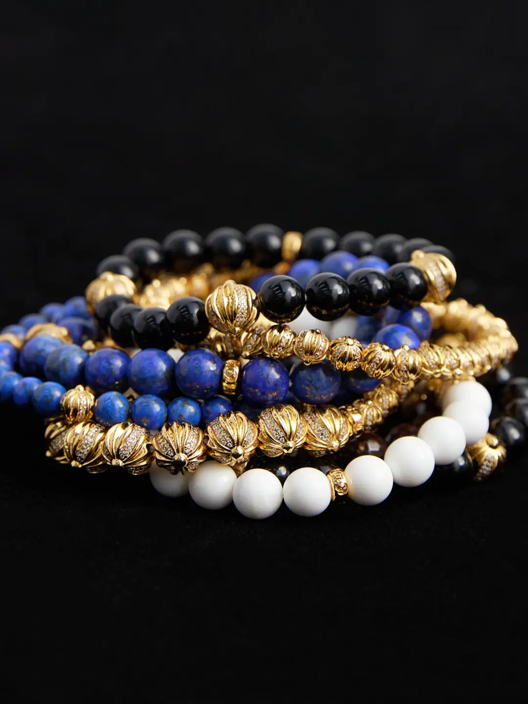 -Ttulf- 8mm Round Beads Full of Micro-Inlaid Diamonds with Military Flower Design, 22K Real Gold Electroplated Earth Pattern Lapis Lazuli Beaded Bracelet