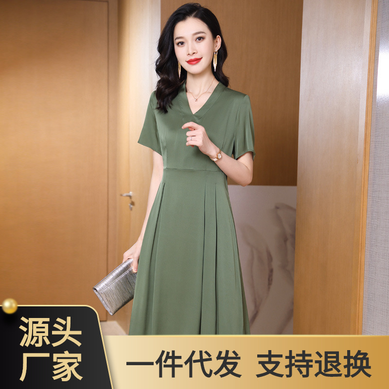 Hangzhou Silk Dress Mid-Length 2026 Summer New Fashion Solid Color Long-Sleeve Waist-Cinching Heavy Silk Dress