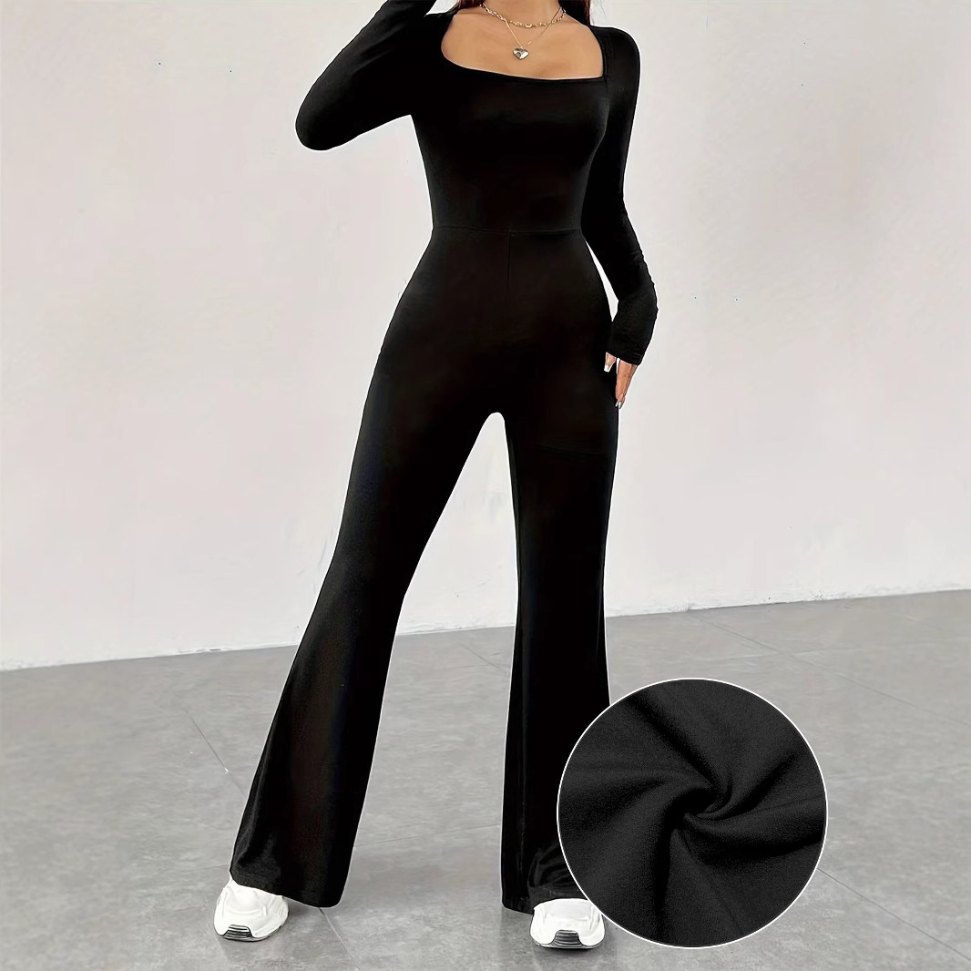 Europe and the United States cross-border new women's women's square collar long sleeve trumpet trousers tight jumpsuit yoga clothing
