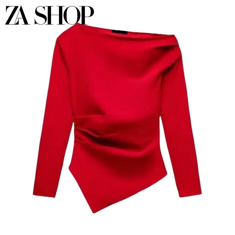 25 Spring New Women's Asymmetrical Stretchy Simple Versatile Long Sleeve T-Shirt Pleated Short Top 3644328