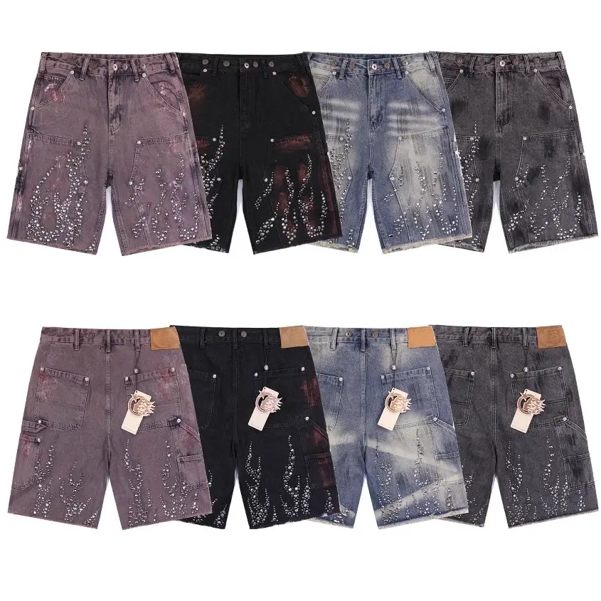 Trendy Hellstar Denim Straight-Leg Shorts Vintage Casual Washed Shorts Street Style