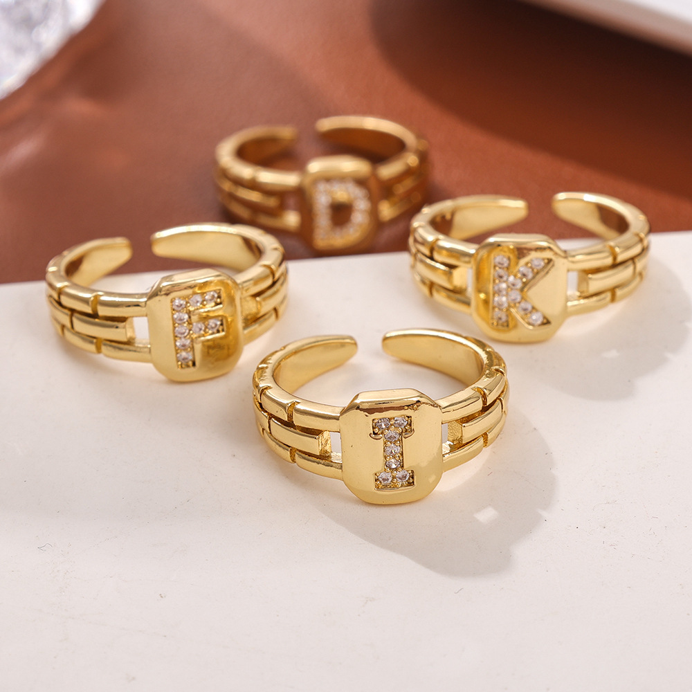 Amazon Fashion Cross-Border Adjustable Jewelry Ring Copper Micro-Inlaid Zircon English Alphabet Ring with 26 Letters