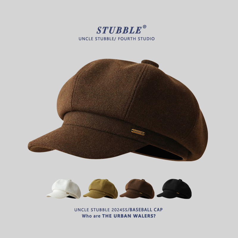 Autumn and Winter New Wool Octagonal Hat Women's Korean Style All-match Beret Suitable for Big Face Shown Face Small Big Top Newsboy Hat