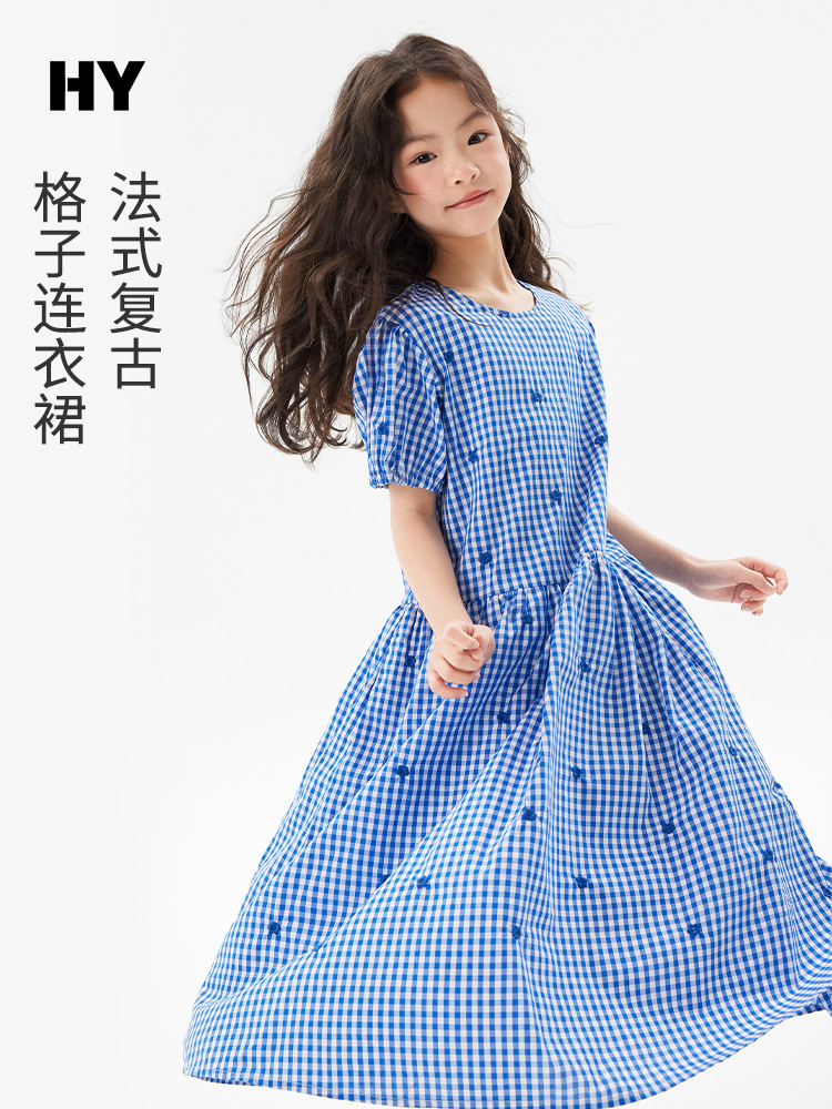 Girls' Short-Sleeved Dress 2026 Summer New Style Kidsren's Korean Style Thin Plaid Skirt for Older Kidsren Pure Cotton Princess Dress