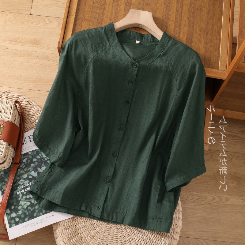 4 Colors Available 2026 Summer Thin Shirt Raglan Short-Sleeve Round-Neck Top Women's Versatile Solid Color Cotton Linen Shirt Women