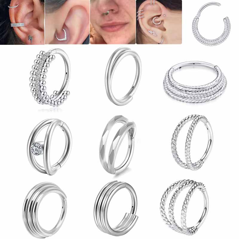 316L Stainless Steel Nose Ring, Septum Inlaid Zircon Double Hoop Earrings, Twist Lip Ring, Ear Bone Nail, Seamless Ring