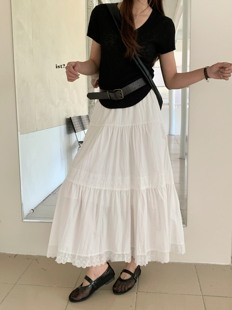 GAGD Spring Fairy French Joker Lace Stitching White Skirt High Waist A- Line Skirt Gentle Temperament Long Skirt