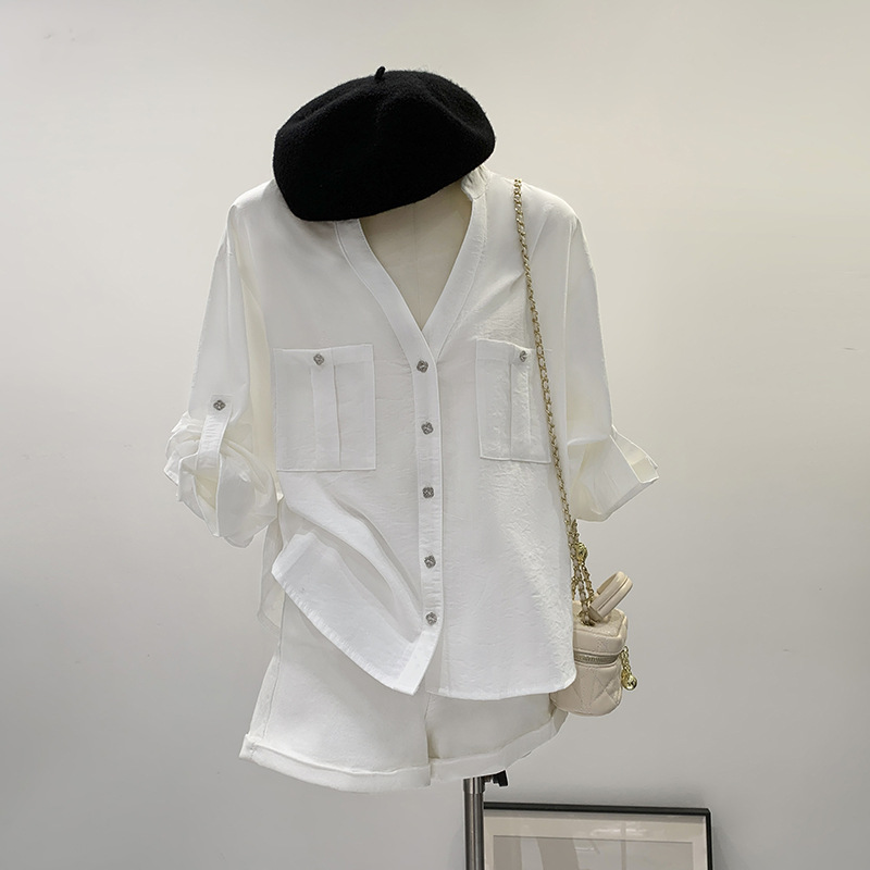 Unique and Chic Single-breasted V-neck Loose Long-sleeved Shirt Women's 2025 New Super Good-looking Single-wear Small Top
