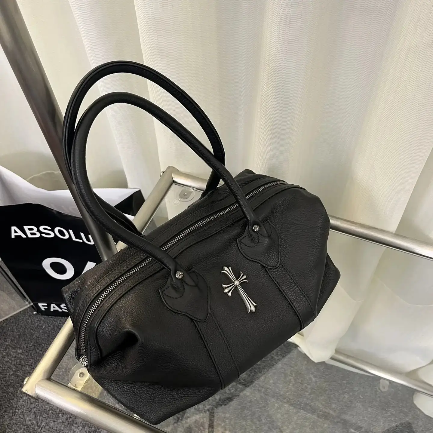 Chrome Hearts Black Leather Duffle Bag