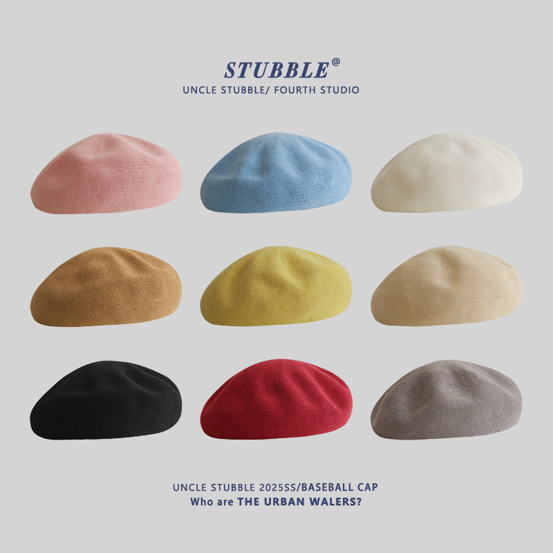 Korean-style Sweet All-match Painter's Hat Summer Hollow-out Breathable Beret Women's Solid Color Light Edition Face Showing Small Bud Hat