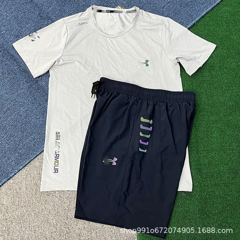 In-Stock Quick-Dry Sports Elastic Shorts and Short-Sleeve Set for Men, Summer Loose-Fit Fitness Running Basketball Pants, Breathable and Quick-Dry