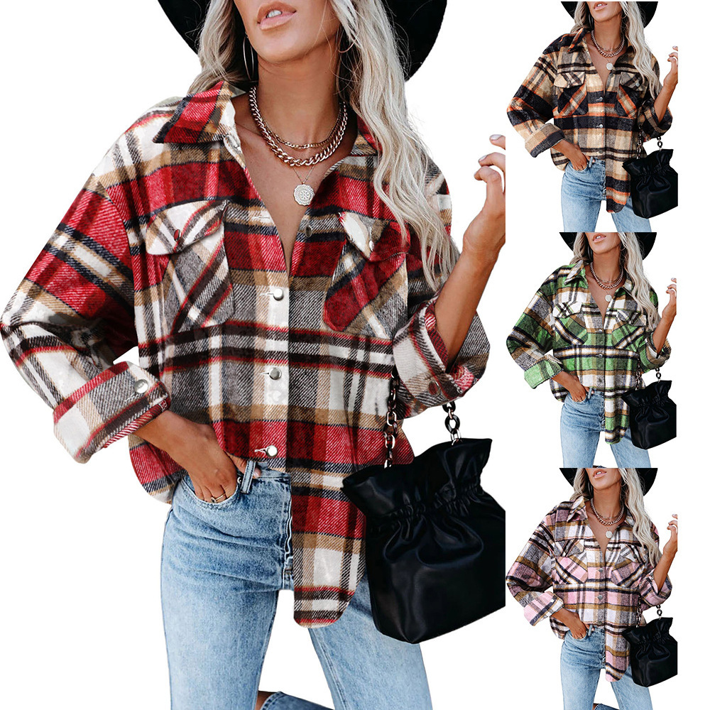 Cross-Border European and American Foreign Trade Women's Clothing 2026 Autumn and Winter New Amazon Women's Plaid Shirt Woolen Button-Down Jacket