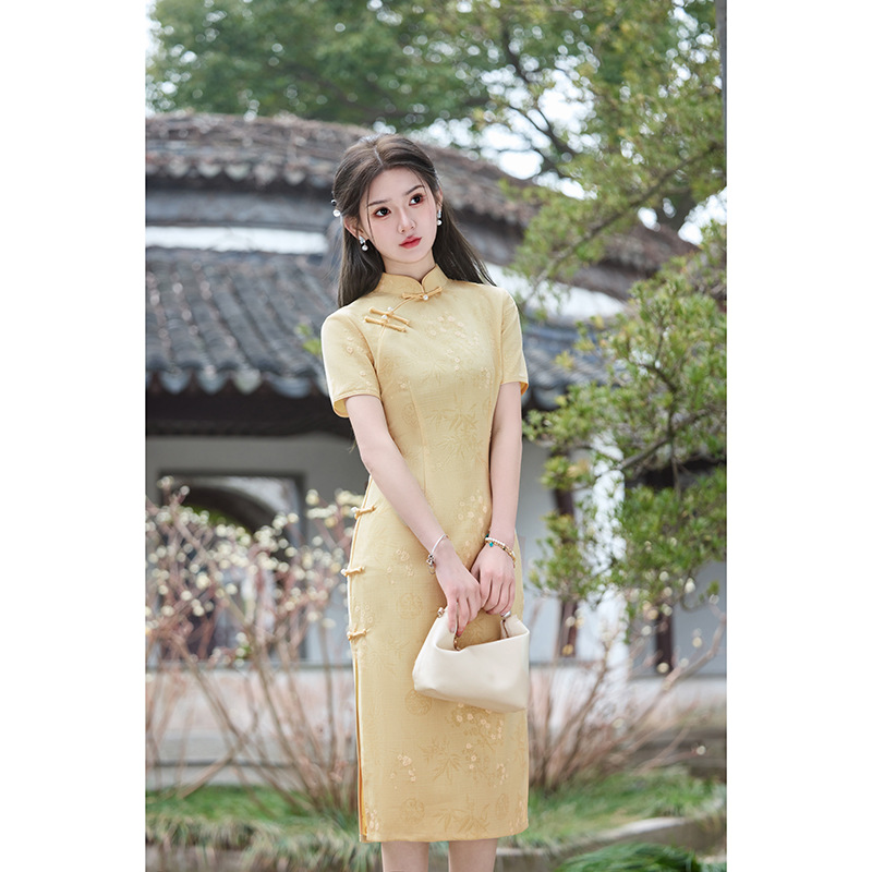 Goose Yellow High-end Elegant Improved Cheongsam Women's New Chinese Style Summer Daily Wear Jacquard dress 2025 New
