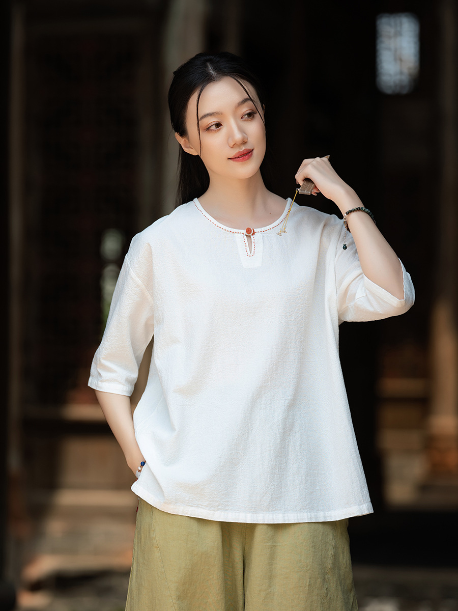 26 Summer Cotton and Linen Women's Clothing New Style Chinese Retro Button Hand-Sewn Round Neck Pullover Top Women's Shirt T-Shirt