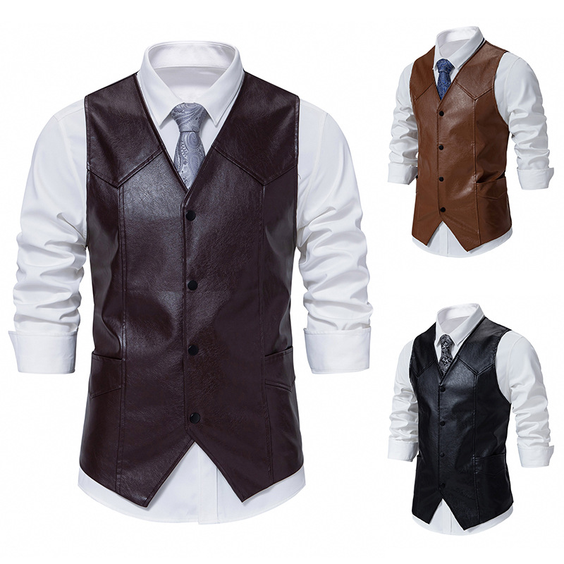 Cross-border European and American Men's Rock Punk PU Leather Vest Lapel Single-breasted Ami Khaki Motorcycle Style Men's Vest Trendy