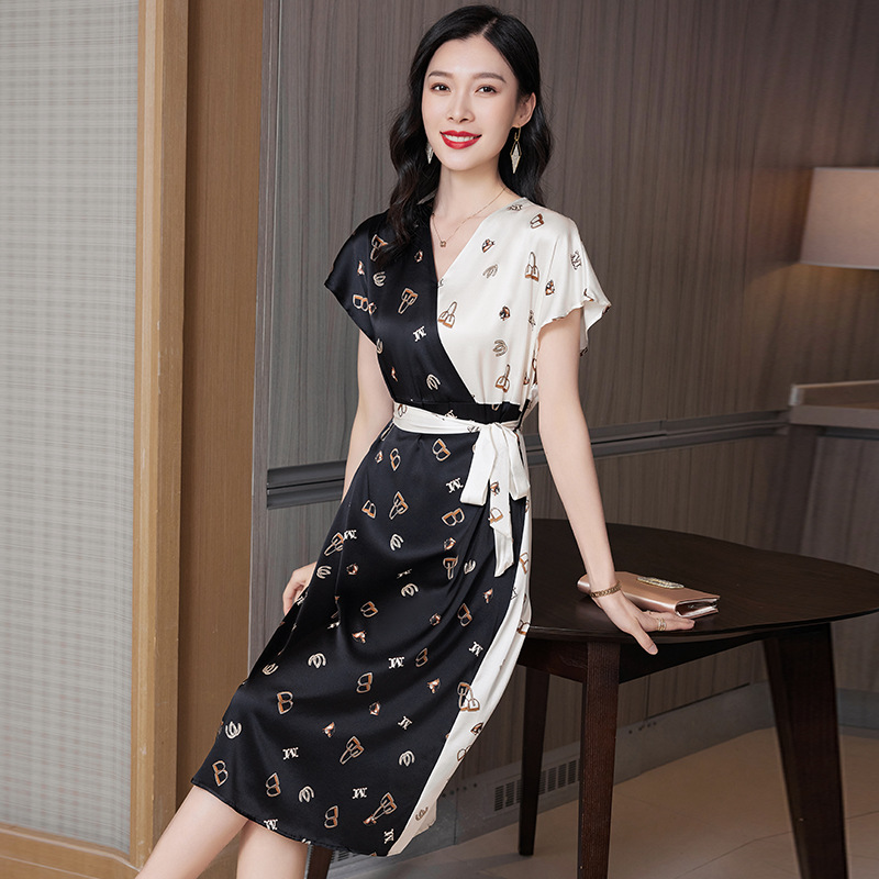 23007 High-End Mulberry Silk Dress 2025 Summer V Neck Color Matching Elegant Ab Side Letter Silk Skirt