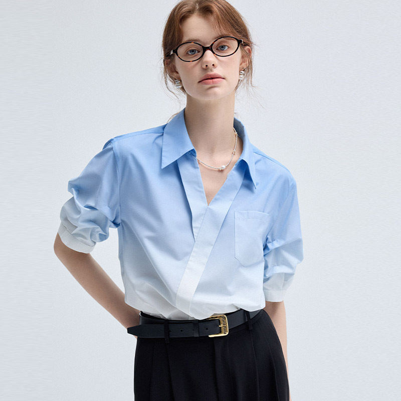 Blue and White Gradient Color High-End French-Style V-Neck Shirt for Women, 2026 Spring and Summer New Fashion Casual Mid-Sleeve Shirt