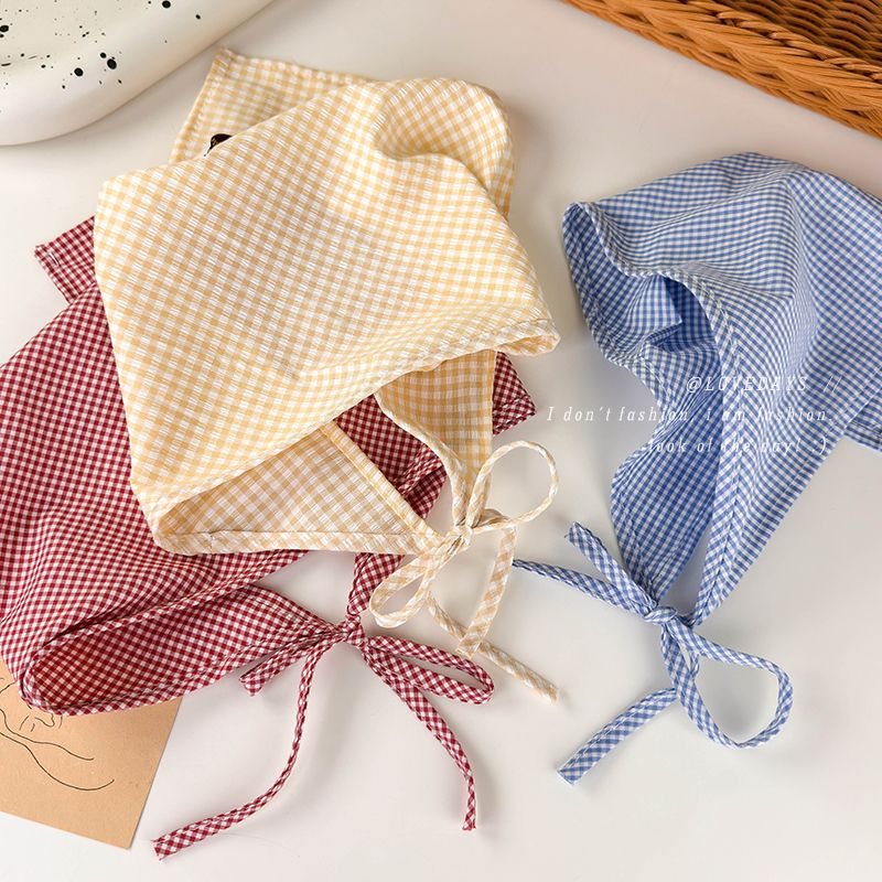 French Pastoral Style Plaid Turban Scarf Women's Toe Triangle Scarf Spring and Summer Decoration Fashion Girl's Hair Tie Silk Scarf Hair Belt