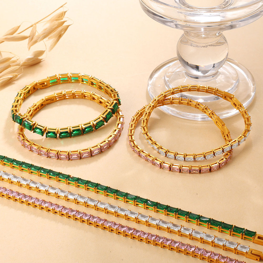 European and American Retro Light Luxury Colorful Cubic Zirconia Full Zircon Bracelet Stainless Steel Fashionable High-End Tennis Chain Bracelet