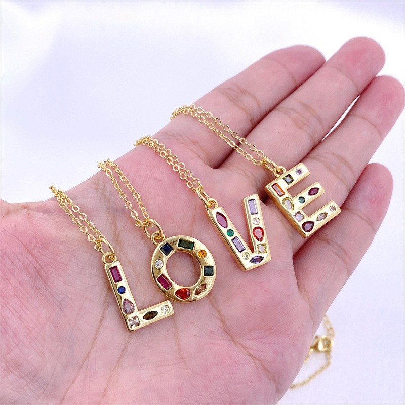 Cross-border hot sale 26 English letters copper inlaid zircon pendant diy jewelry accessories fashion simple colored diamond necklace