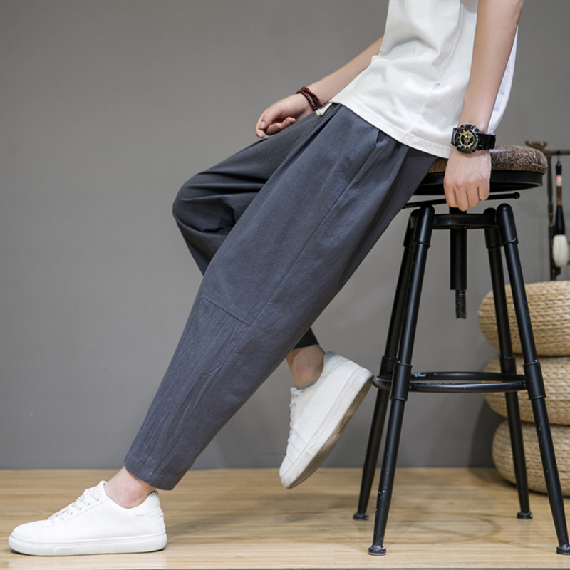 Cotton Linen Pants Men's Summer Ultra-thin Korean Style Large Size Leg Loose Sports Pants All-match Casual Ankle-length Pants Men's Pants