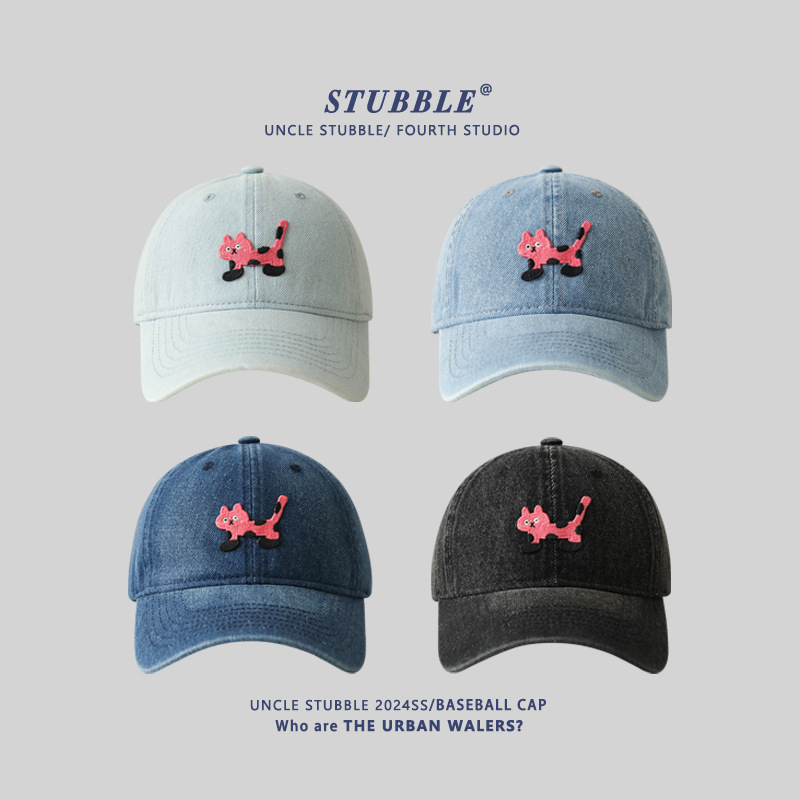 Korean Ins Denim Cat Baseball Cap Female Cute Cartoon Peaked Cap with Widened Brim Showing Face Small Deep Top Hat