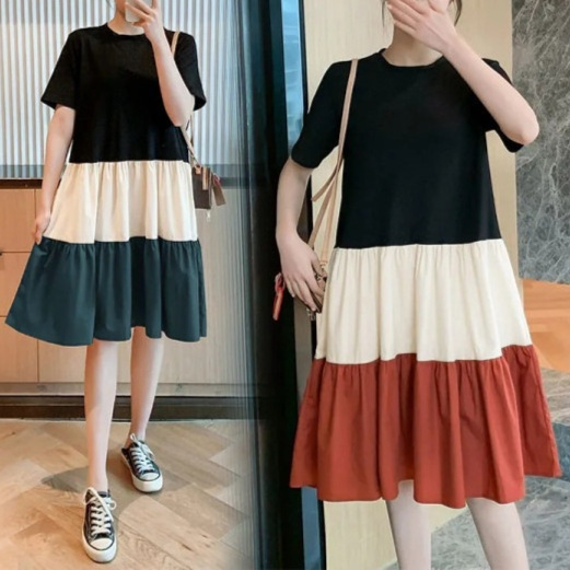 Korean Style T-Shirt Dress with Contrasting Color Stitching for Female Students, Loose Large Size, Fashionable and Stylish Mid-Length Over-The-Knee Skirt for Summer