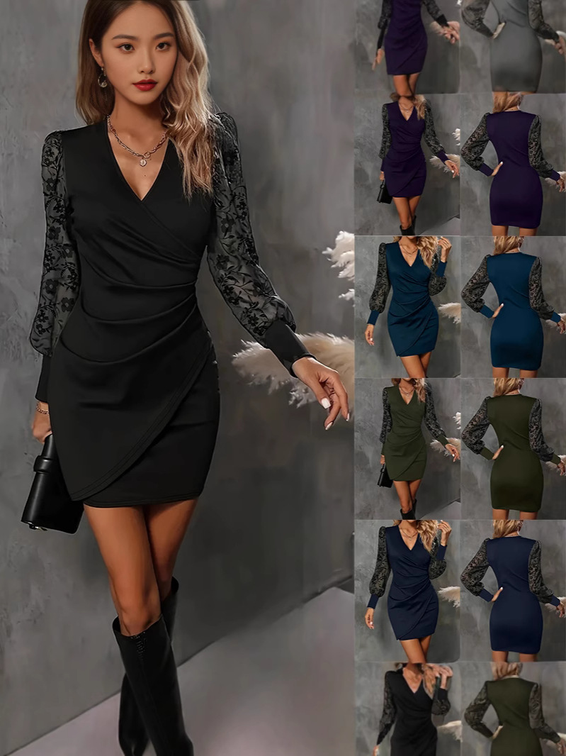 2025 new spring and summer Europe and the United States foreign trade Amazon wish women's cross-border slim sexy lace long sleeve dress