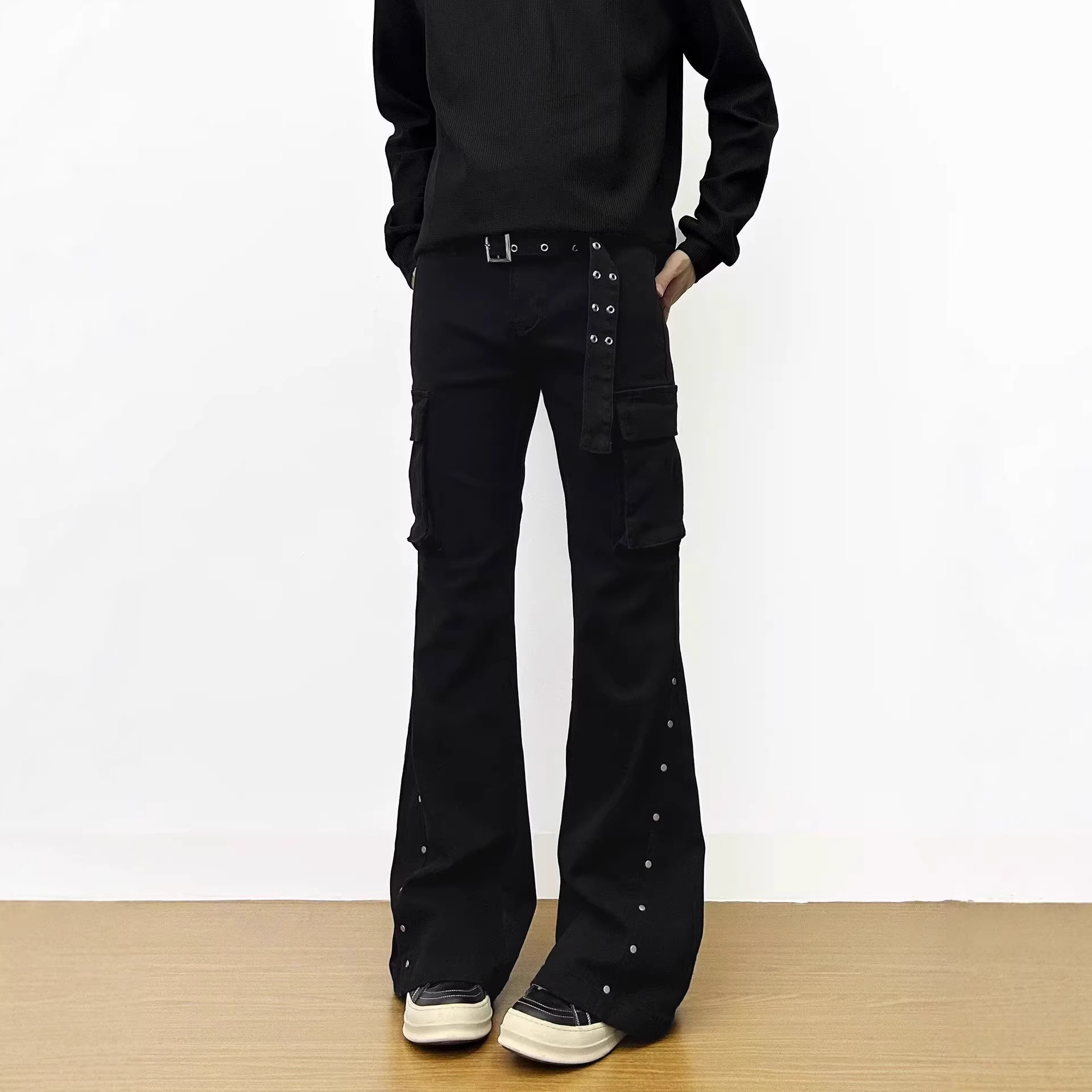 Black Workwear Spring/Summer High-End Loose Functional Style Straight-Leg Jeans Sweet and Spicy Hip-Hop Casual Flared Long Pants