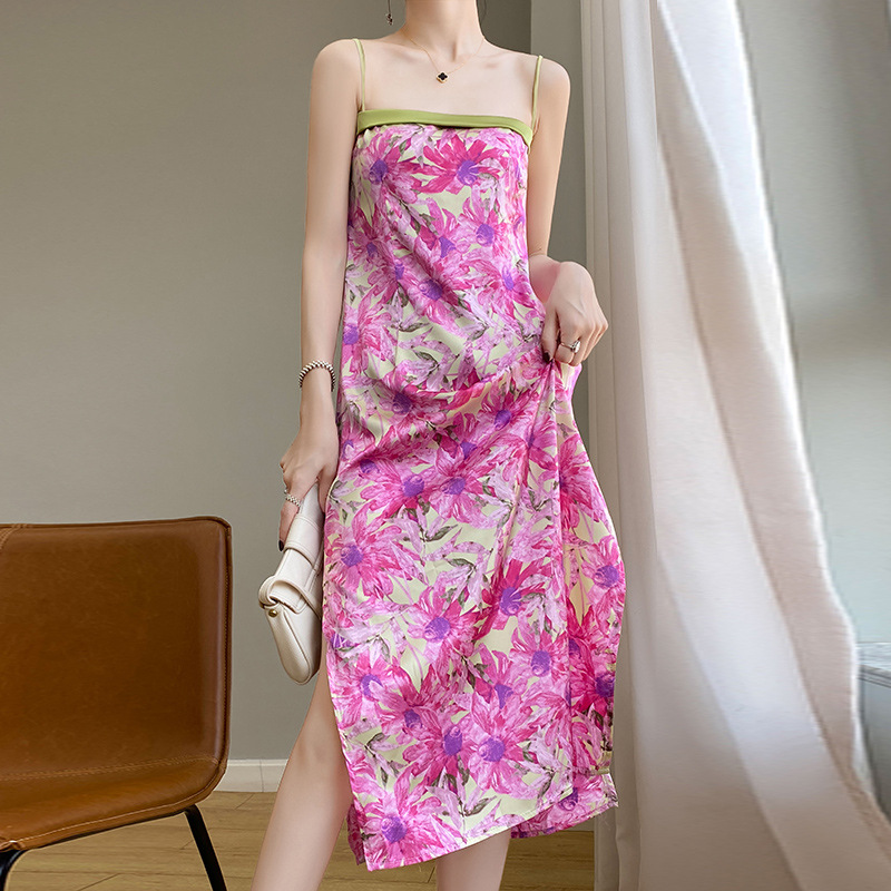Niche design new Chinese strap floral skirt street shot contrast color slim pink purple acetate satin dress
