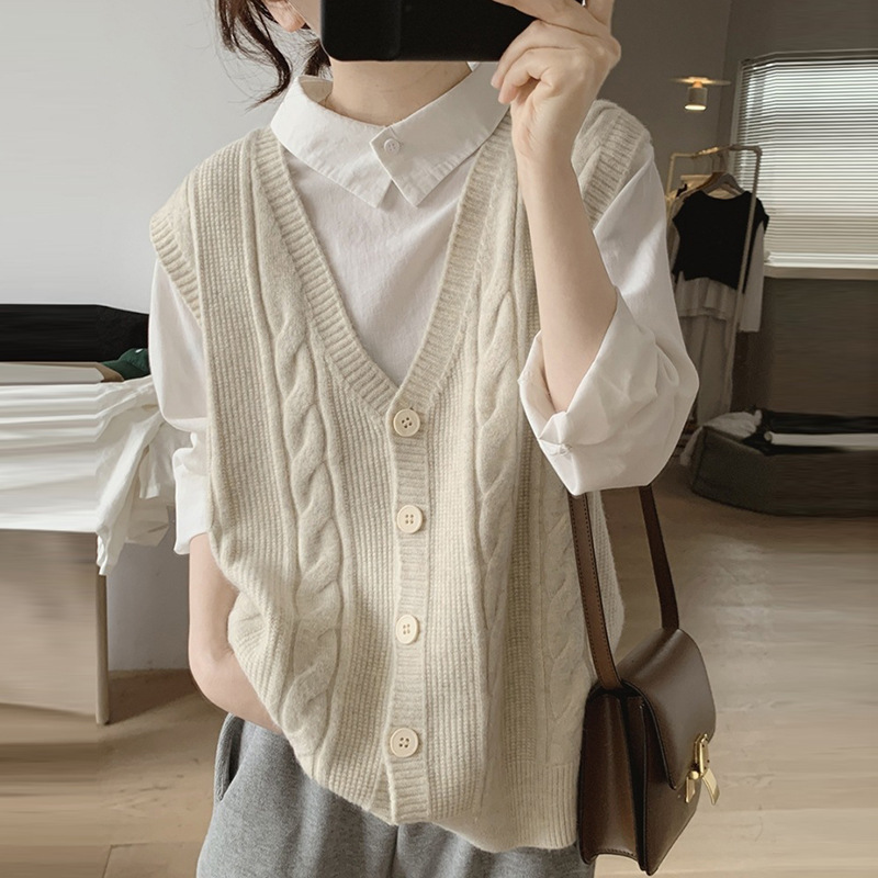 Korean Style V-Neck Knitted Cardigan Vest for Women to Wear Fashionable Spring & Fall New Loose Slimming Look Twist Sweater Vest Trendy