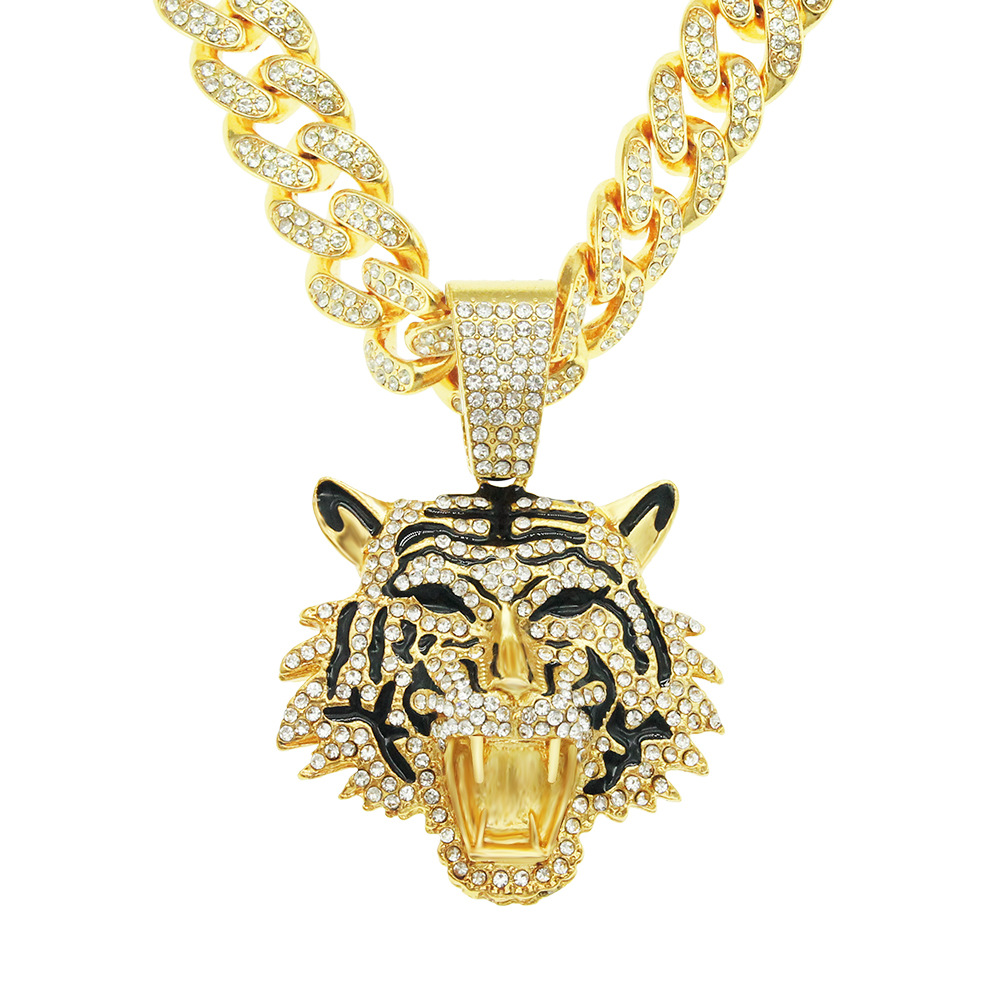 Europe and the United States cool three-dimensional full of diamond painting oil tiger head pendant Cuban chain necklace hipster nightclub personality men's pendant